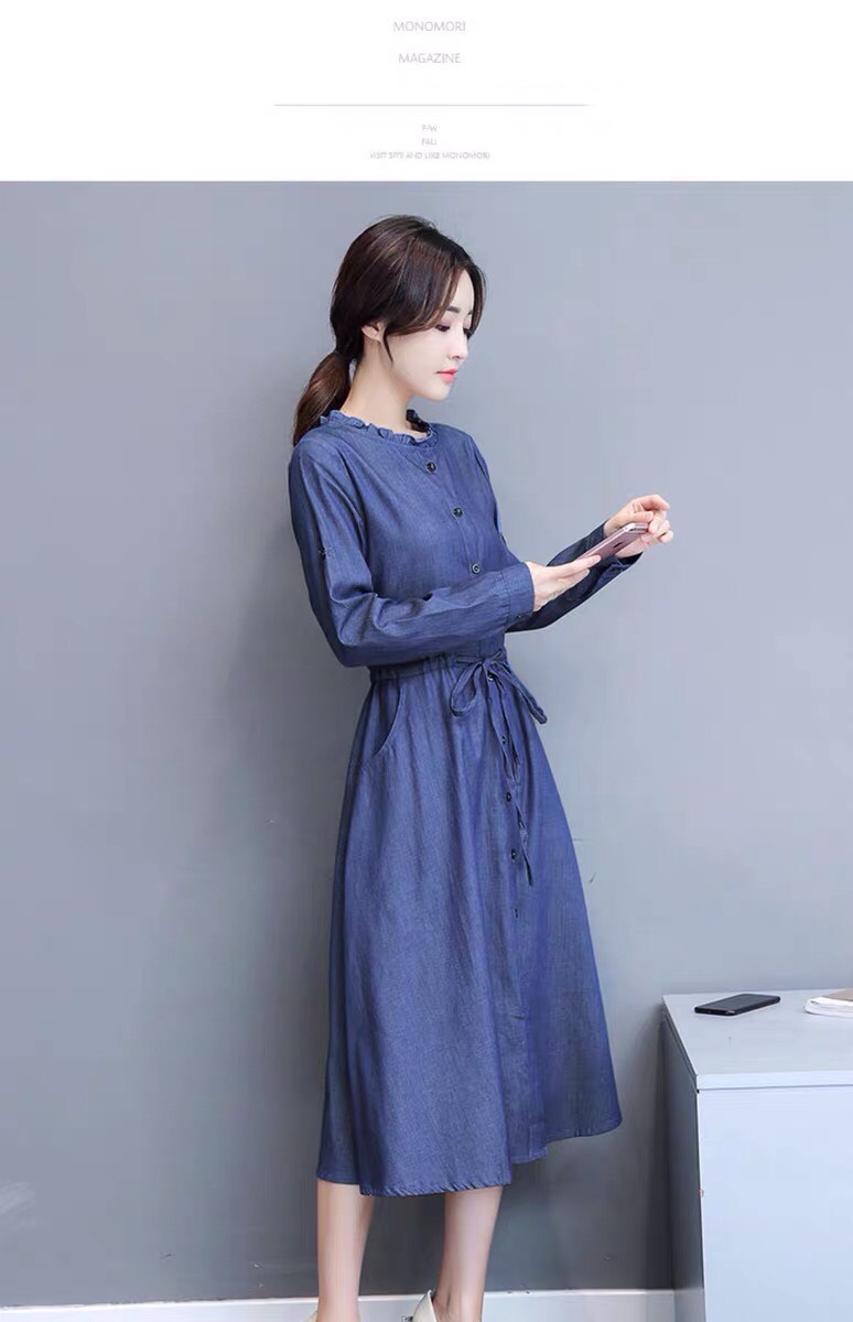 ĐẦM JEAN XÒE TAY DÀI CỔ BÈO TRÒN